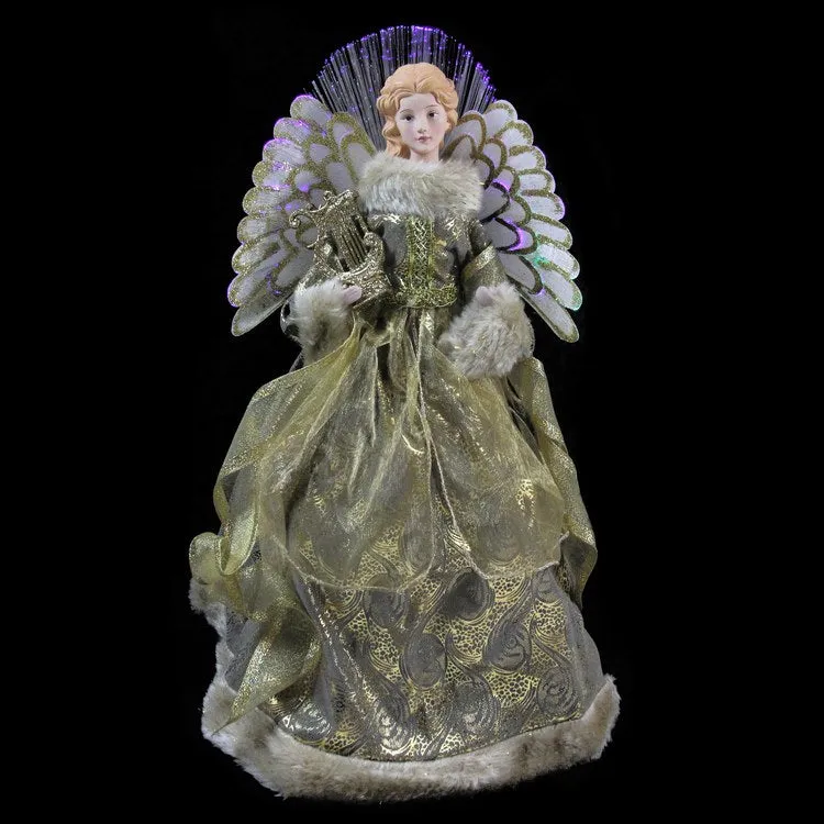 16" Gold and Brown Angel In Gown with Harp Lighted Christmas Tree Topper