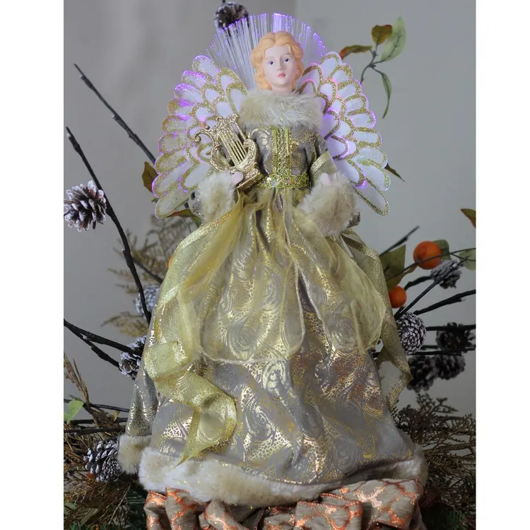 16" Gold and Brown Angel In Gown with Harp Lighted Christmas Tree Topper