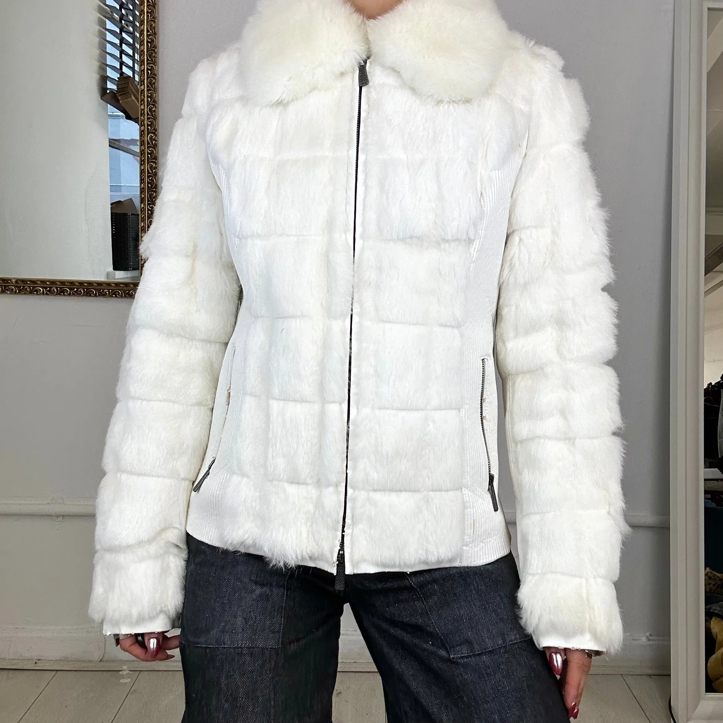 2000's white faux fur puffer coat