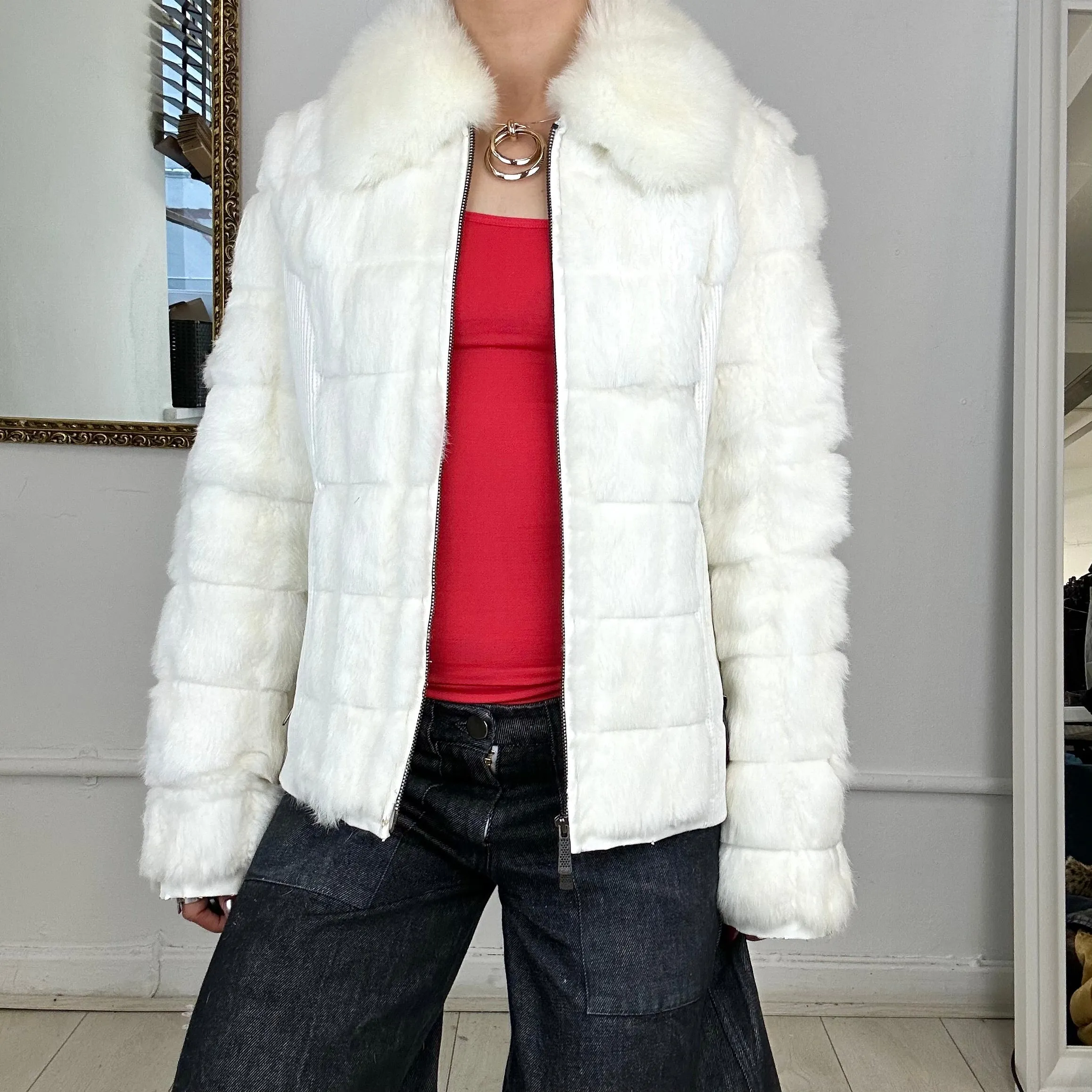 2000's white faux fur puffer coat