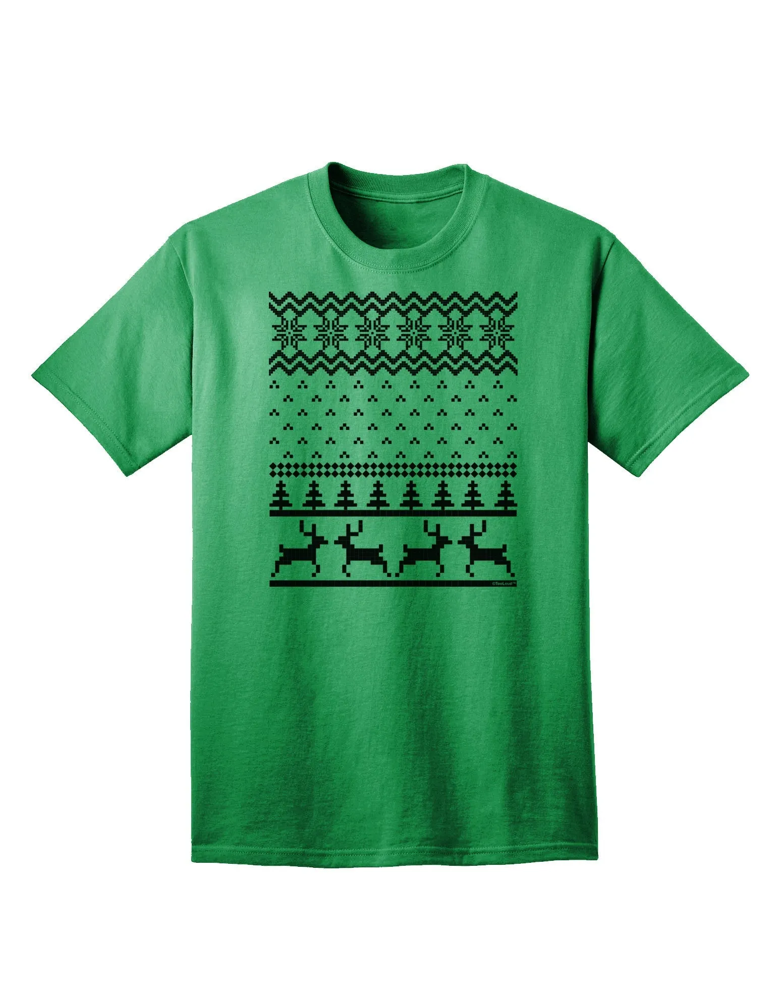 Adult T-Shirt Featuring Ugly Christmas Sweater Design with Snowflake and Reindeer Pattern