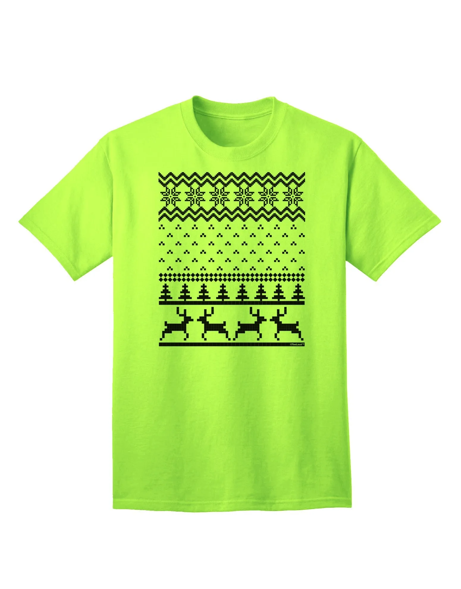 Adult T-Shirt Featuring Ugly Christmas Sweater Design with Snowflake and Reindeer Pattern