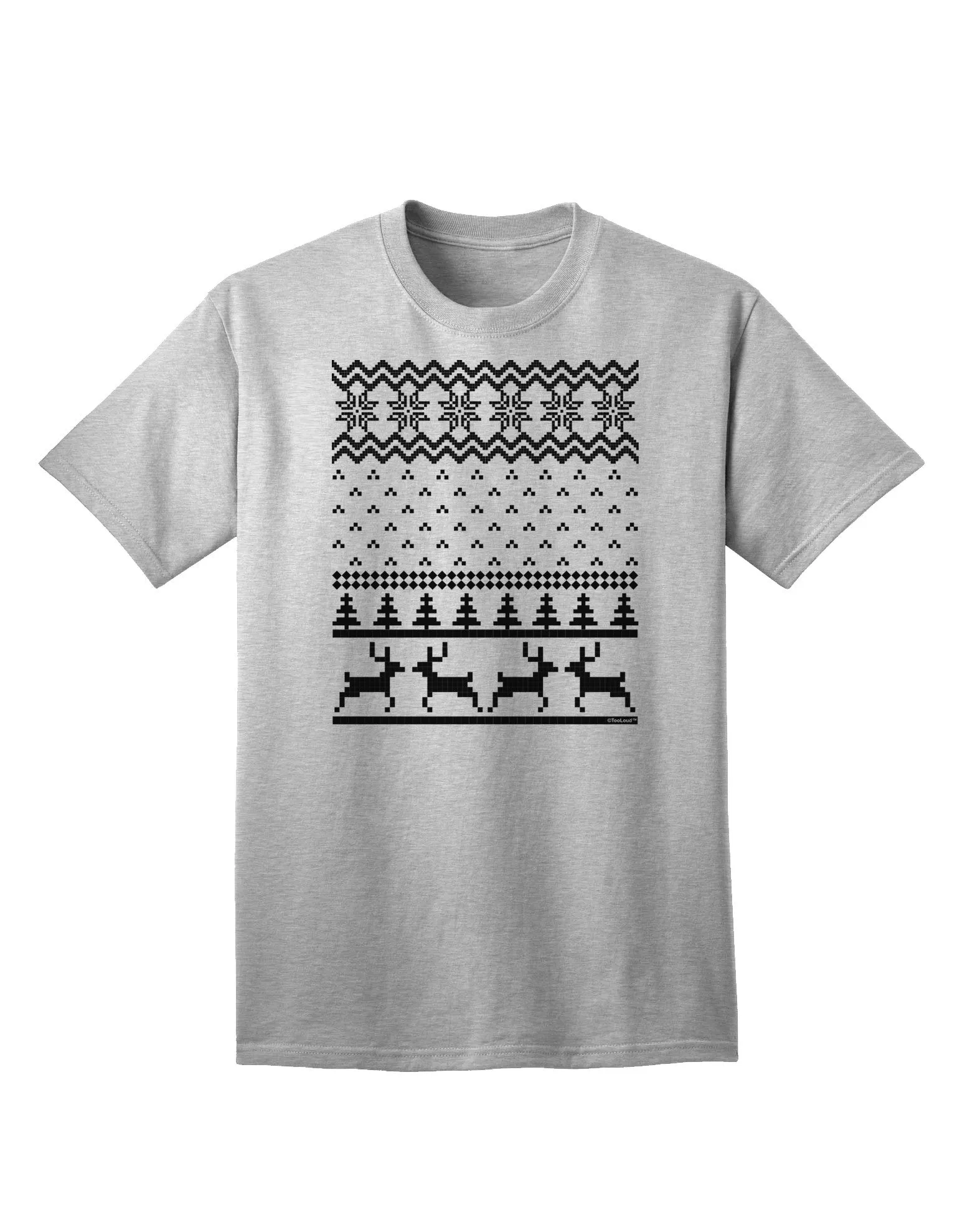 Adult T-Shirt Featuring Ugly Christmas Sweater Design with Snowflake and Reindeer Pattern