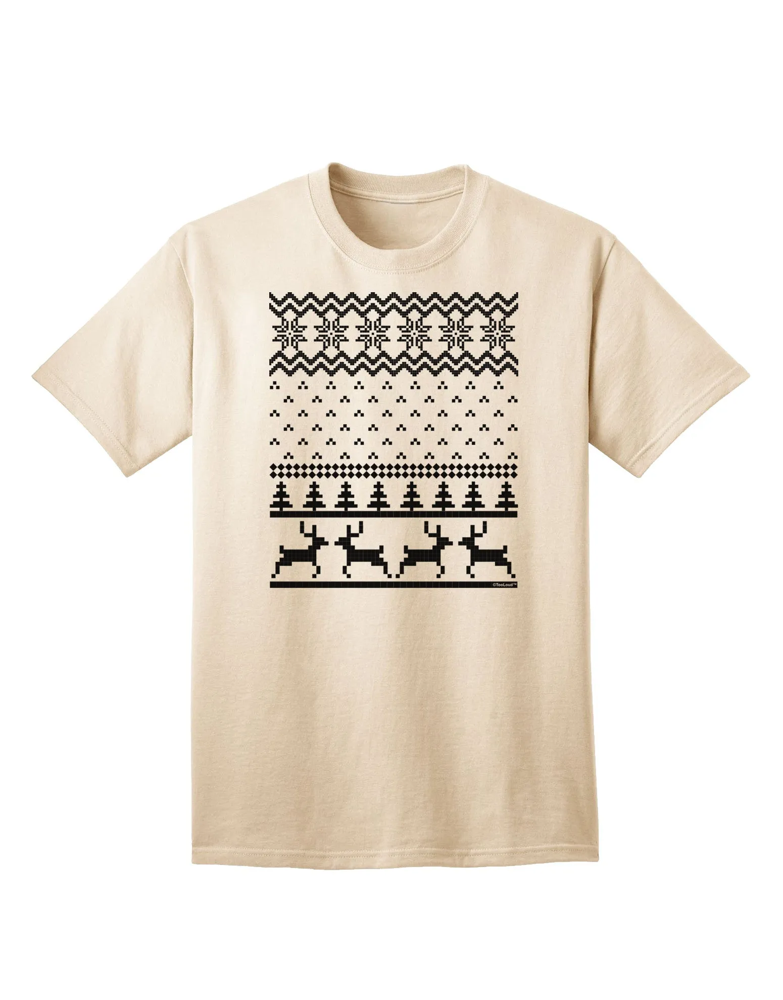 Adult T-Shirt Featuring Ugly Christmas Sweater Design with Snowflake and Reindeer Pattern