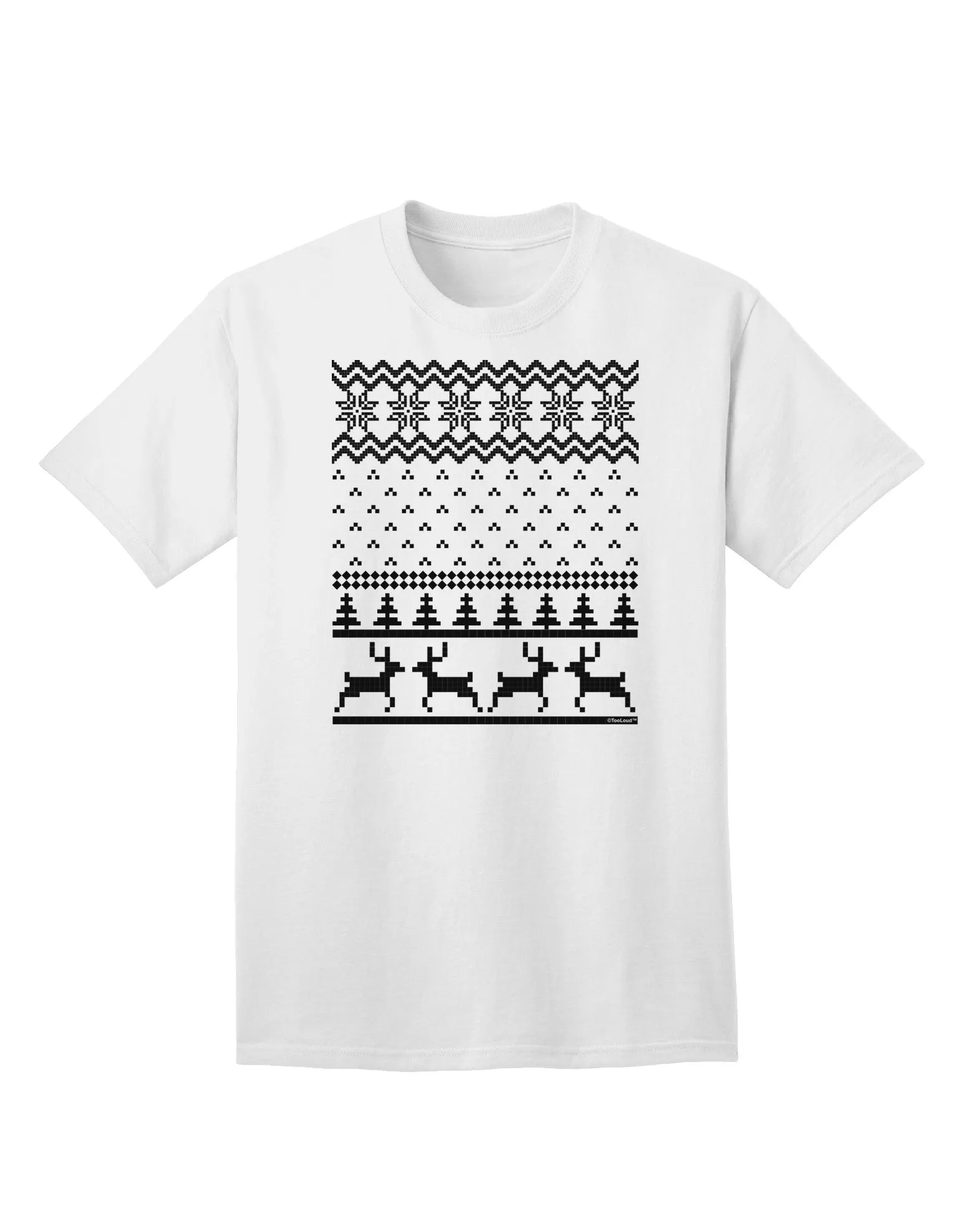 Adult T-Shirt Featuring Ugly Christmas Sweater Design with Snowflake and Reindeer Pattern