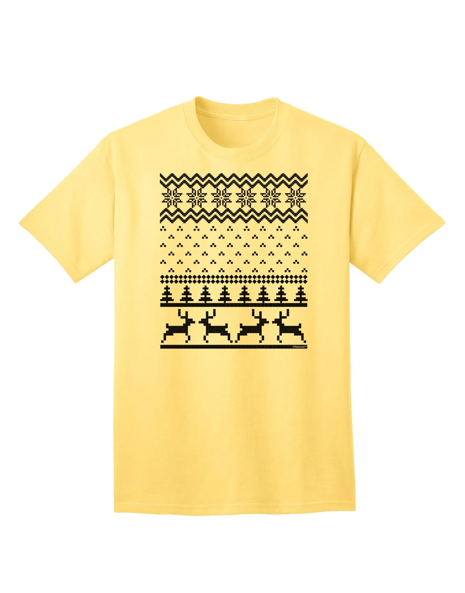 Adult T-Shirt Featuring Ugly Christmas Sweater Design with Snowflake and Reindeer Pattern
