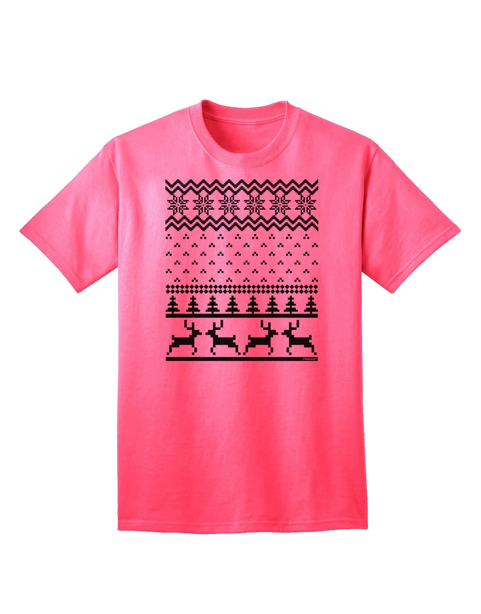 Adult T-Shirt Featuring Ugly Christmas Sweater Design with Snowflake and Reindeer Pattern