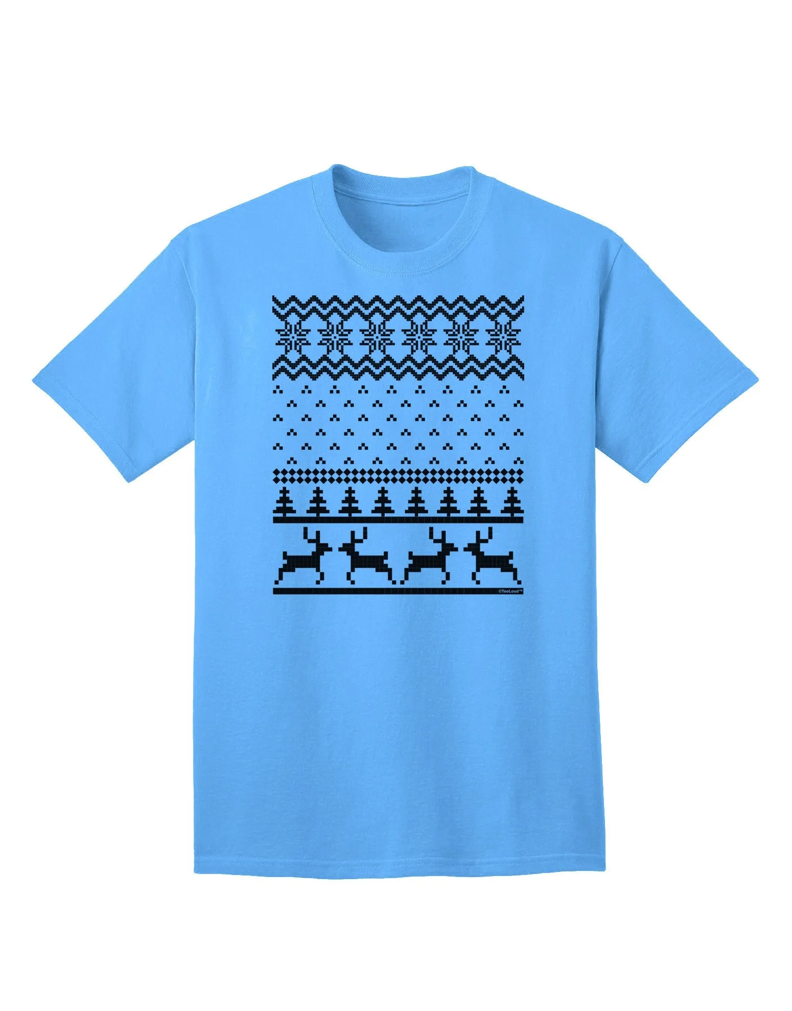 Adult T-Shirt Featuring Ugly Christmas Sweater Design with Snowflake and Reindeer Pattern