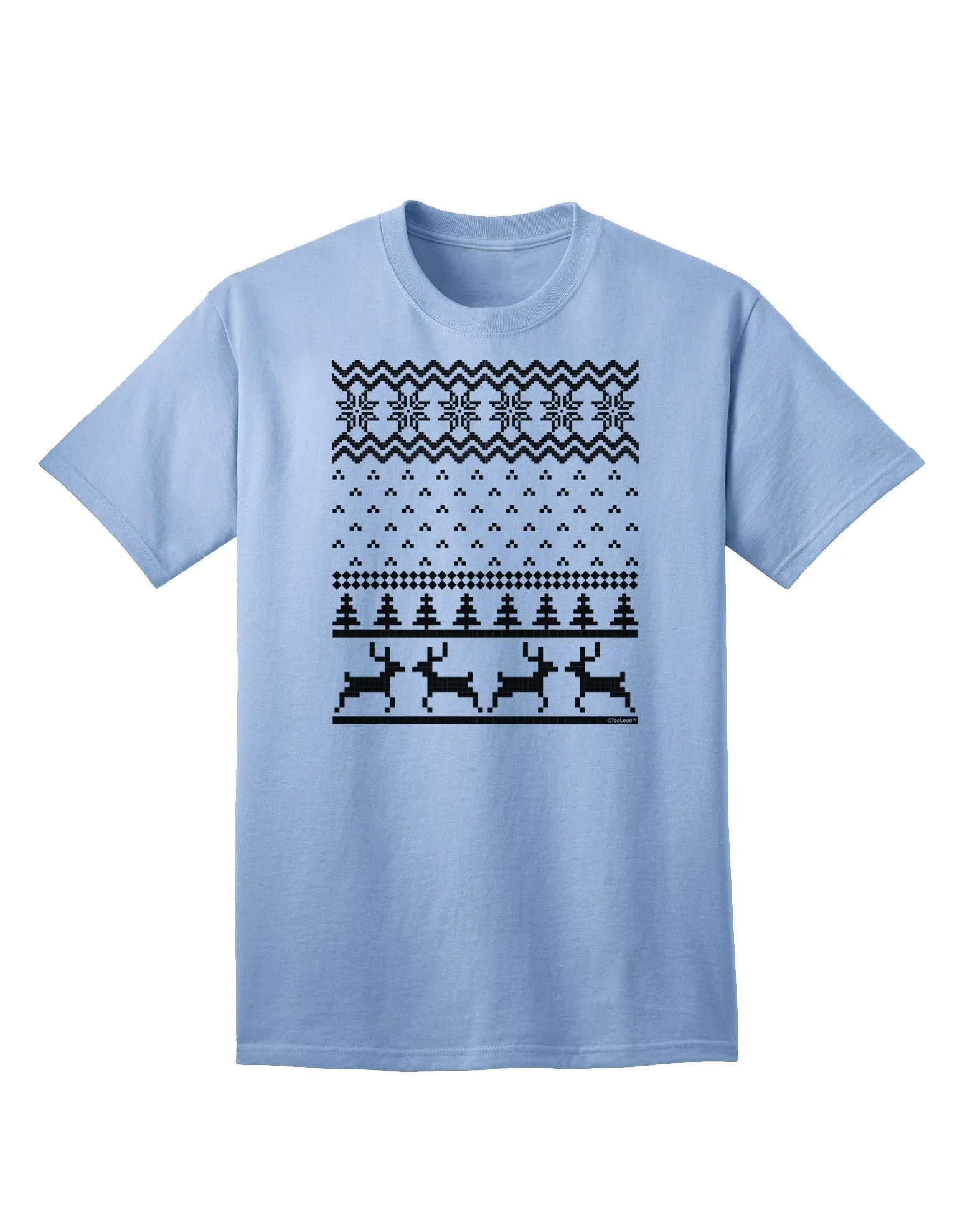 Adult T-Shirt Featuring Ugly Christmas Sweater Design with Snowflake and Reindeer Pattern