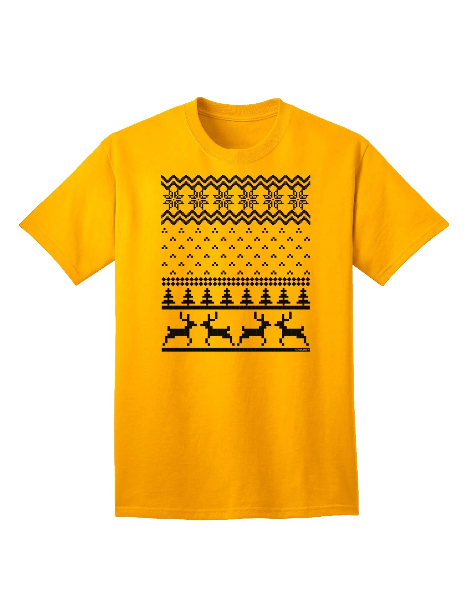 Adult T-Shirt Featuring Ugly Christmas Sweater Design with Snowflake and Reindeer Pattern