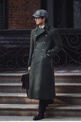 Aidase mens outfits Autumn Winter Long Warm Green Polo Coat Men Double Breasted Cool Luxury Elegant England Style Wool Blends Overcoat