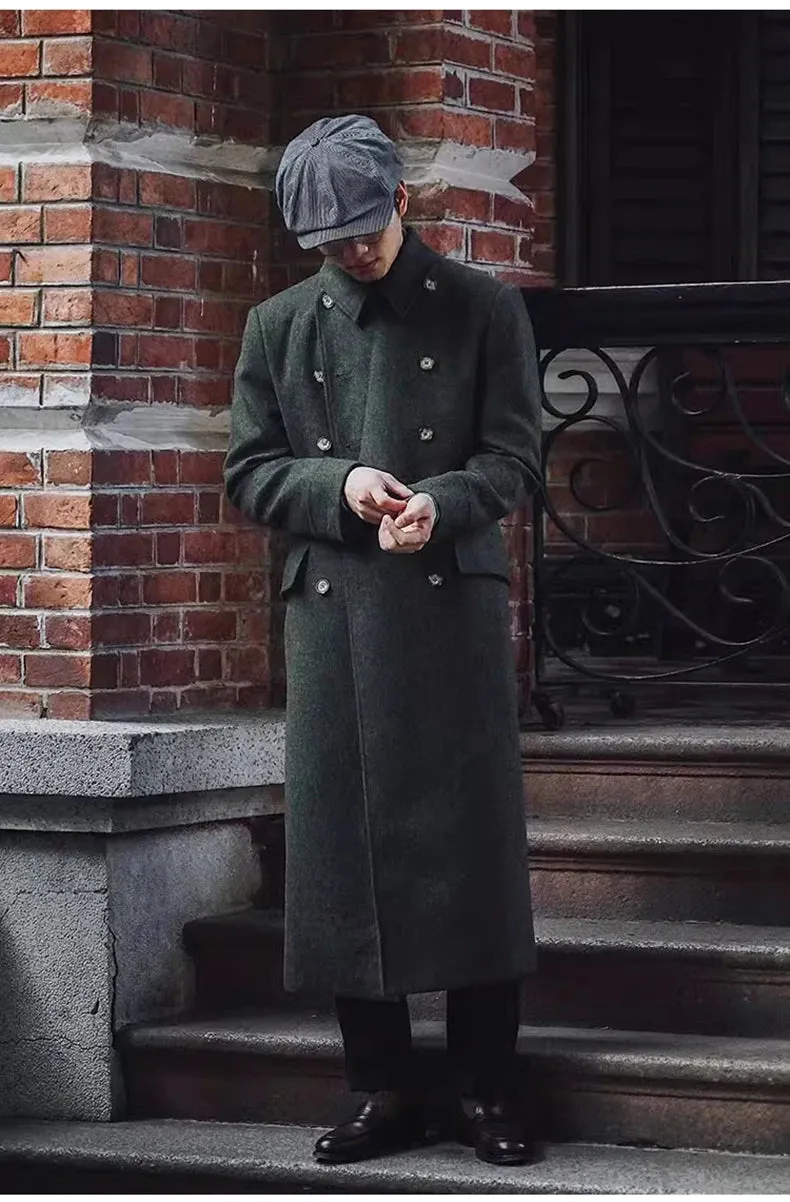 Aidase mens outfits Autumn Winter Long Warm Green Polo Coat Men Double Breasted Cool Luxury Elegant England Style Wool Blends Overcoat
