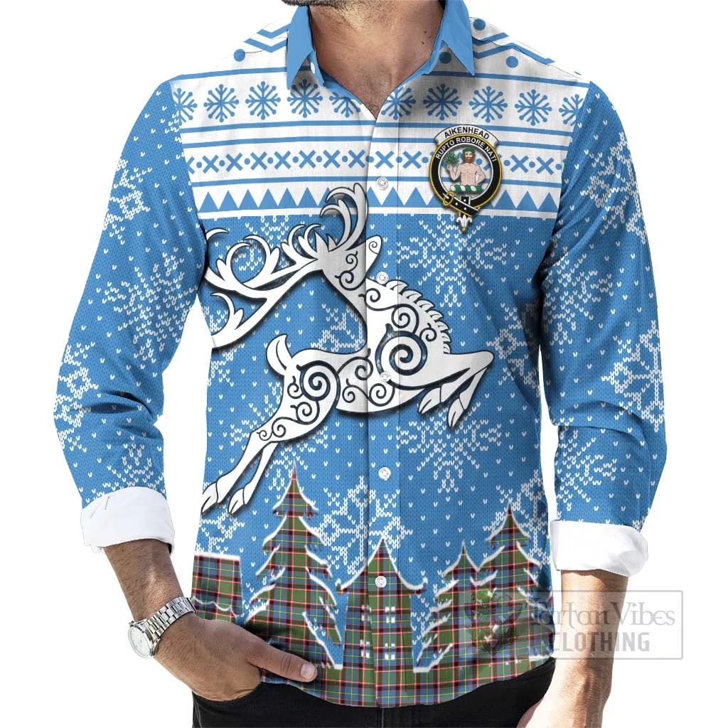 Aikenhead Clan Christmas Long Sleeve Button Shirt Celtic Reindeer Style
