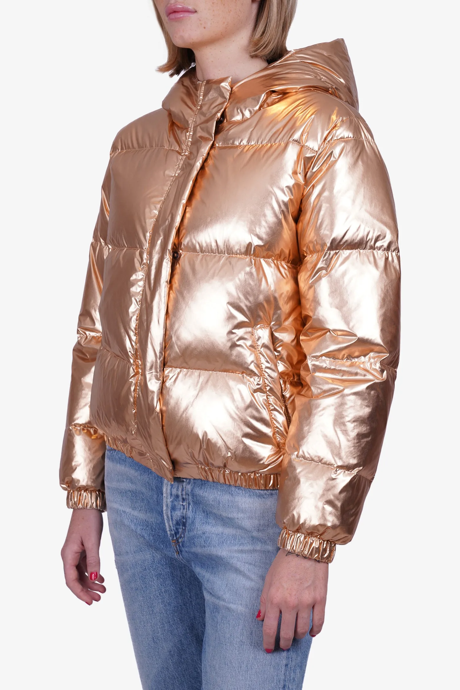 Alice   Olivia Gold Metallic Down Puffer Jacket with Hood