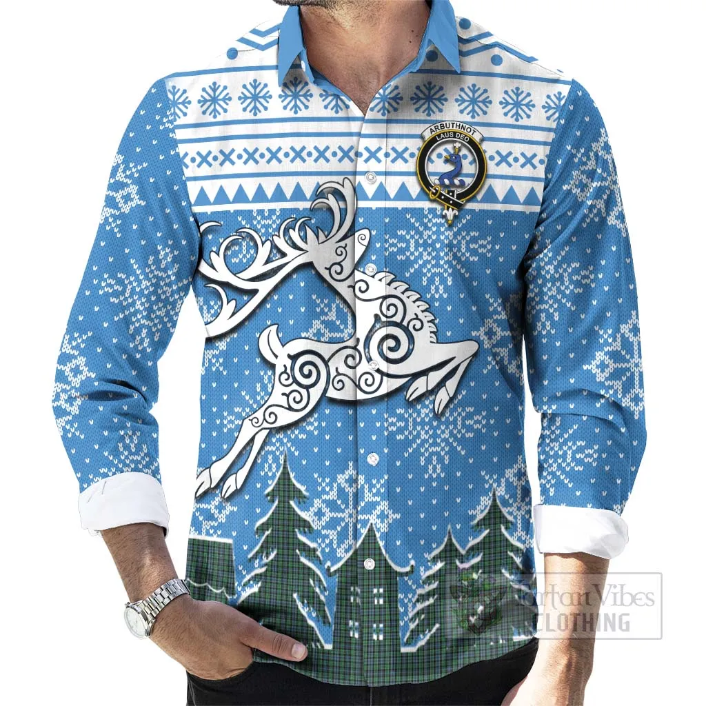 Arbuthnot Clan Christmas Long Sleeve Button Shirt Celtic Reindeer Style