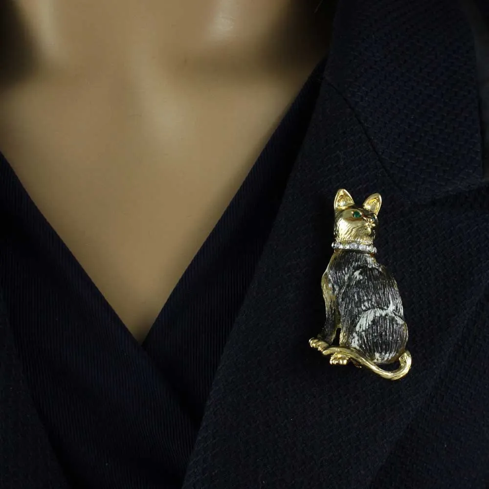 Black and White Cat with Crystal Collar Brooch Pin - PRC305