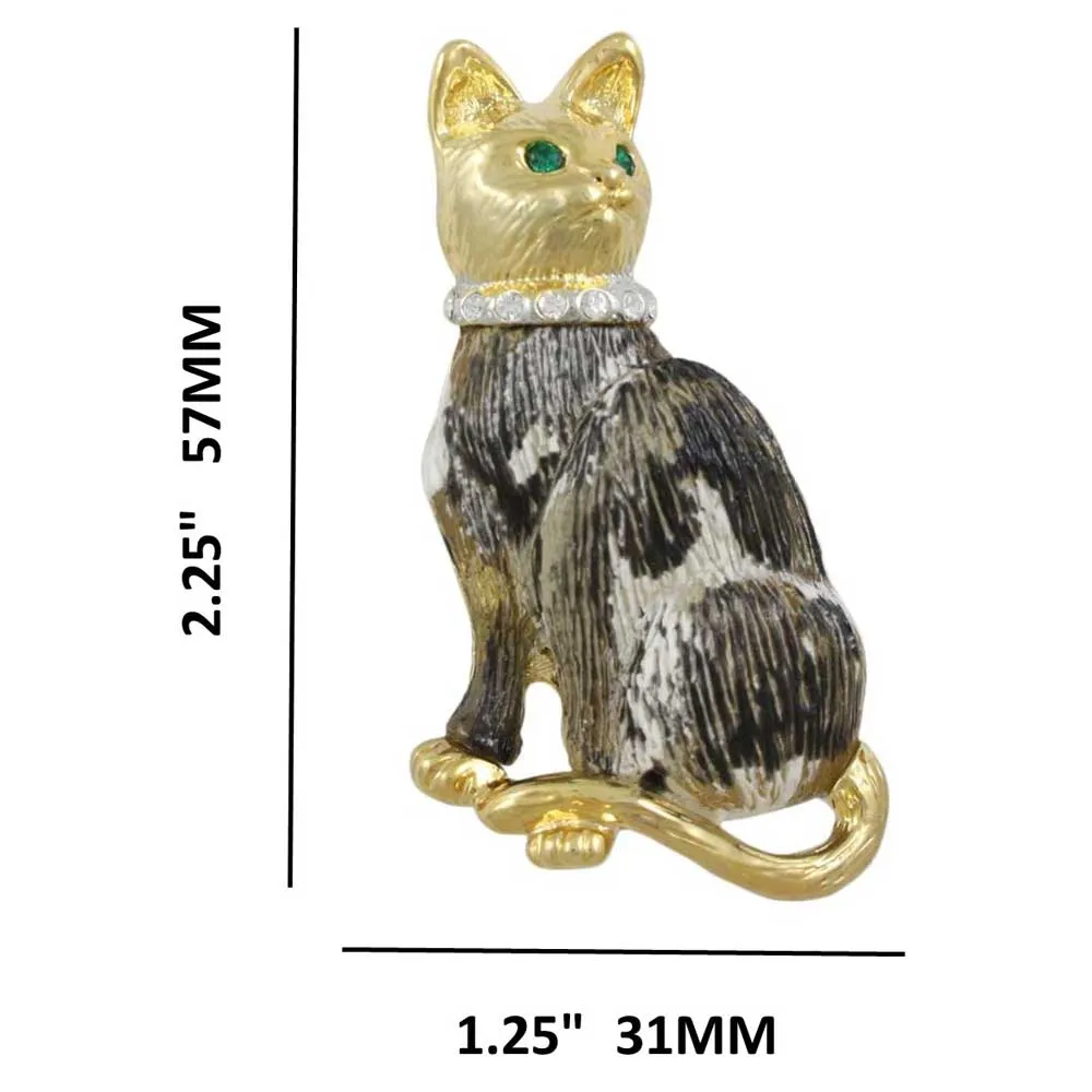 Black and White Cat with Crystal Collar Brooch Pin - PRC305