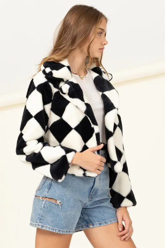 Black Square Relaxing Made Patterned Fur Jacket