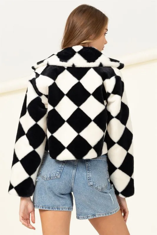 Black Square Relaxing Made Patterned Fur Jacket
