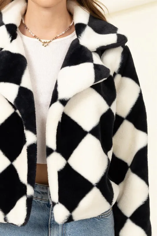 Black Square Relaxing Made Patterned Fur Jacket
