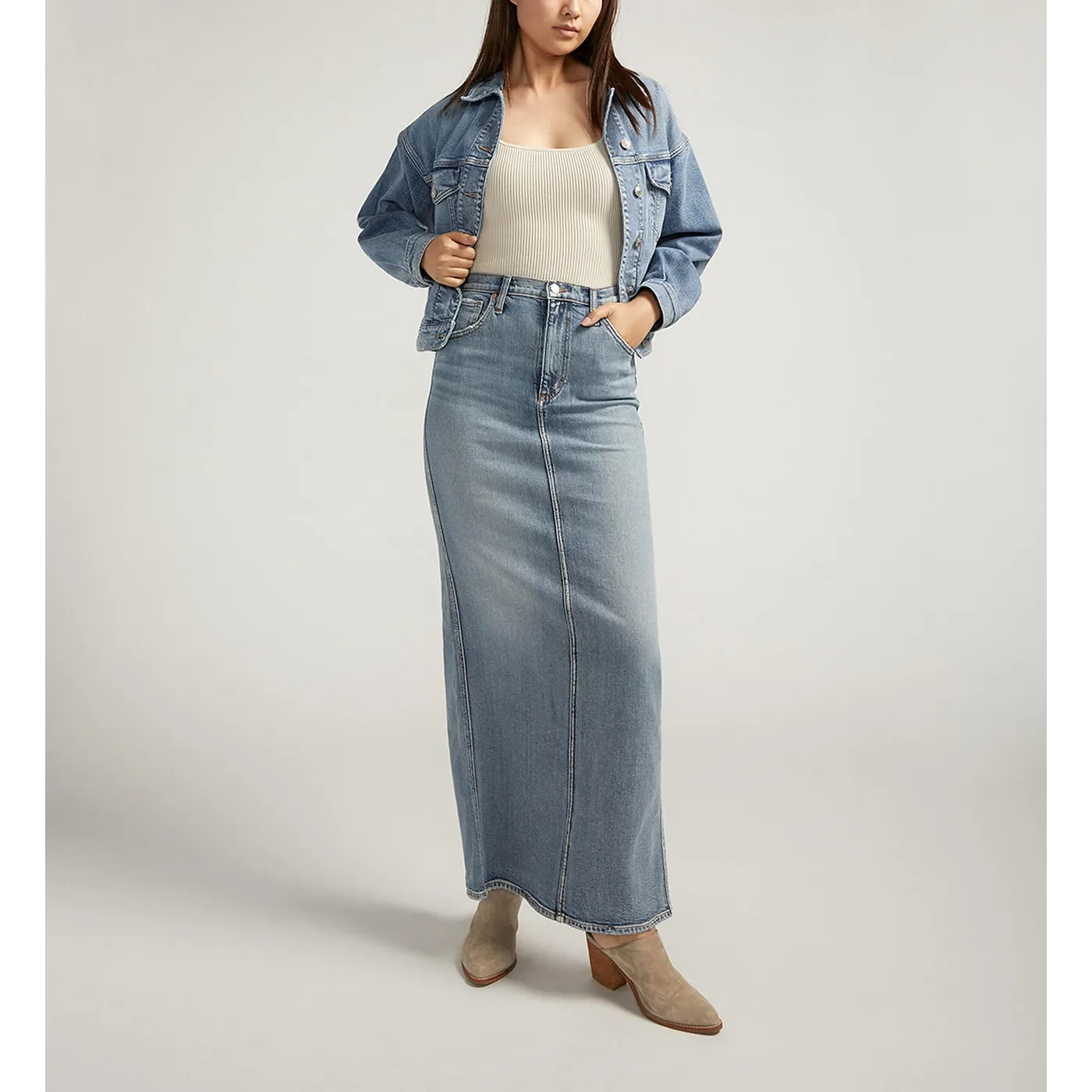 Blue Back Slit Maxi Jeans Skirt