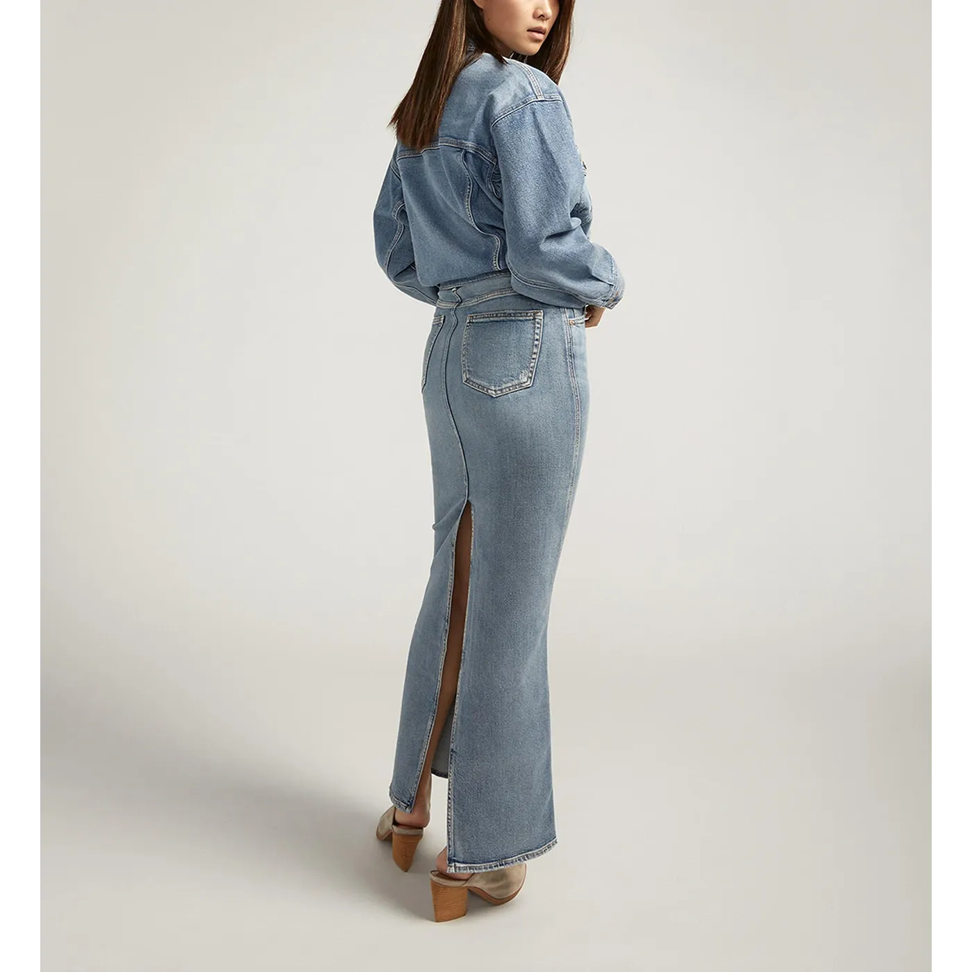 Blue Back Slit Maxi Jeans Skirt