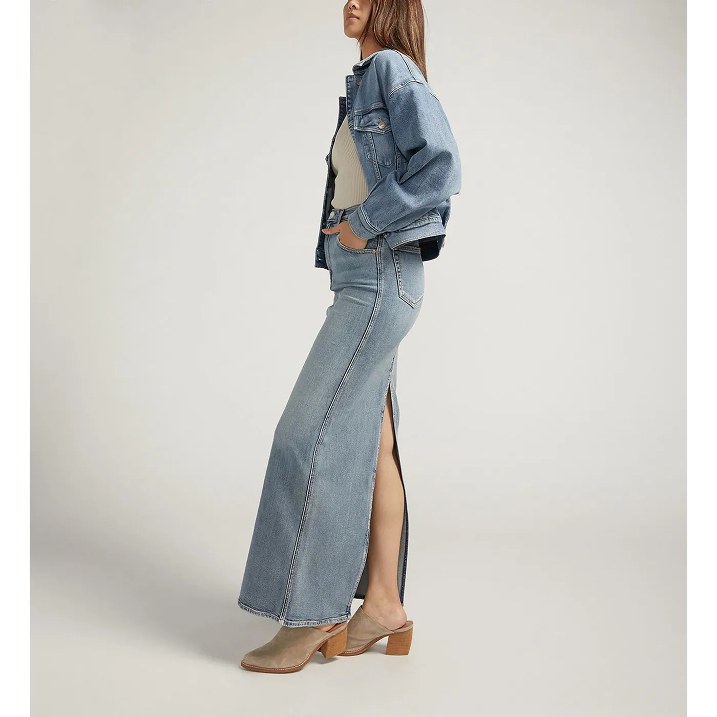 Blue Back Slit Maxi Jeans Skirt