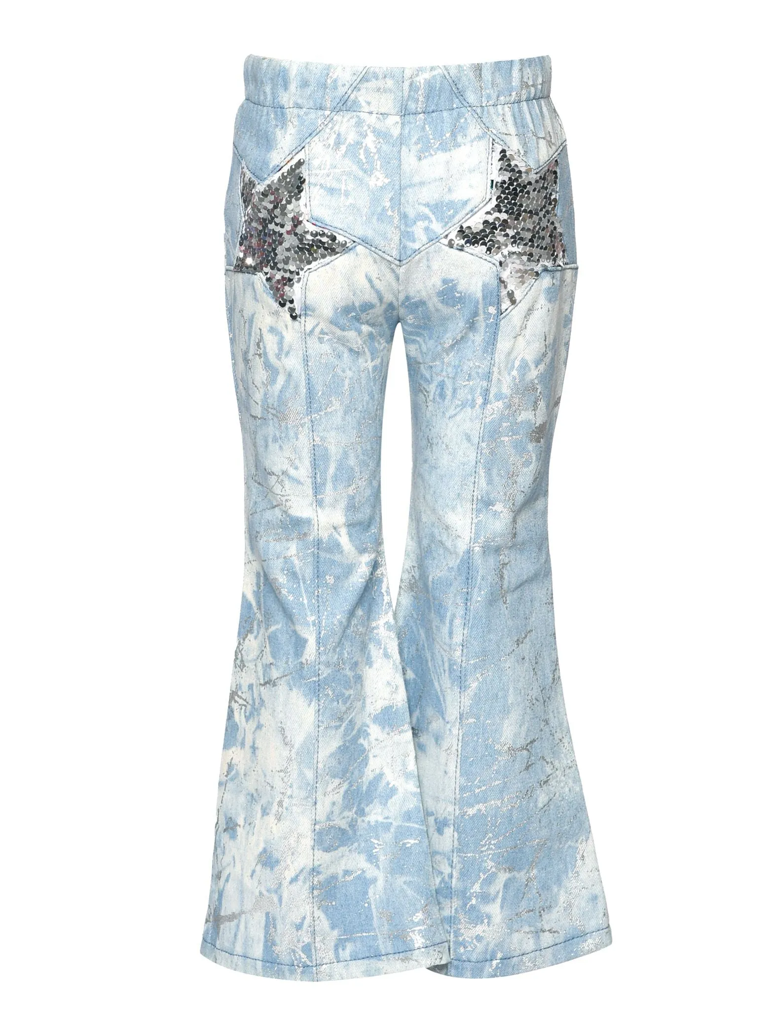 Blue Multi Denim Bell Bottom Pants w/Sequin Star Detail at Back