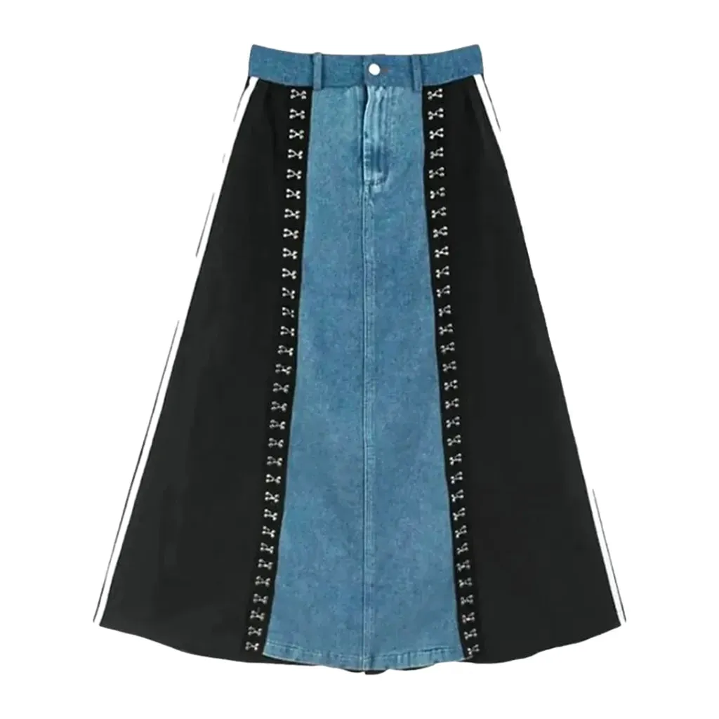 Boho style maxi denim skirt