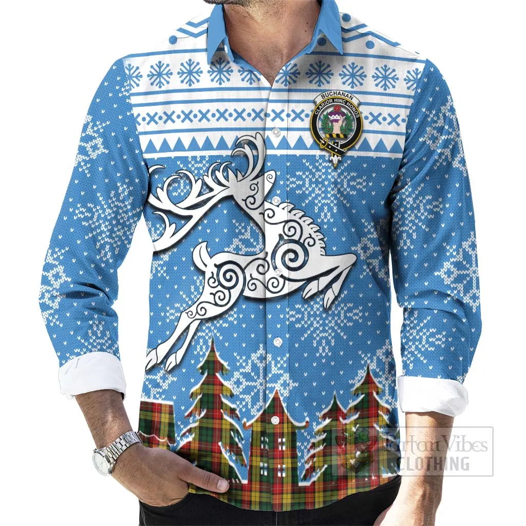 Buchanan Clan Christmas Long Sleeve Button Shirt Celtic Reindeer Style
