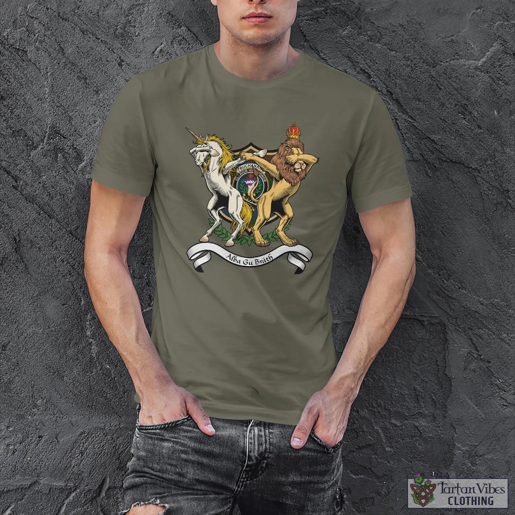 Buchanan Hunting Family Crest Cotton Men's T-Shirt with Scotland Royal Coat Of Arm Funny Style