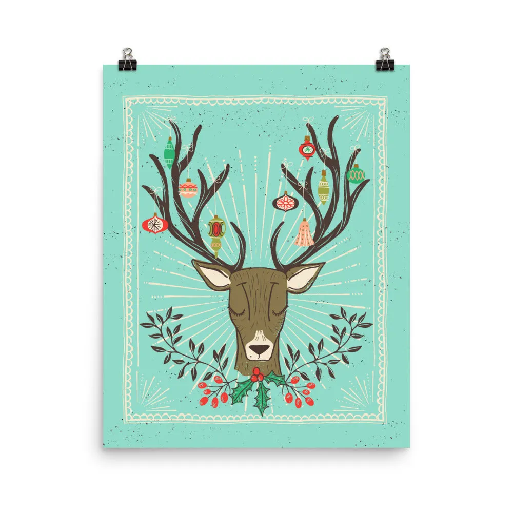 Christmas Deer Antlers and Ornaments Art Poster Print