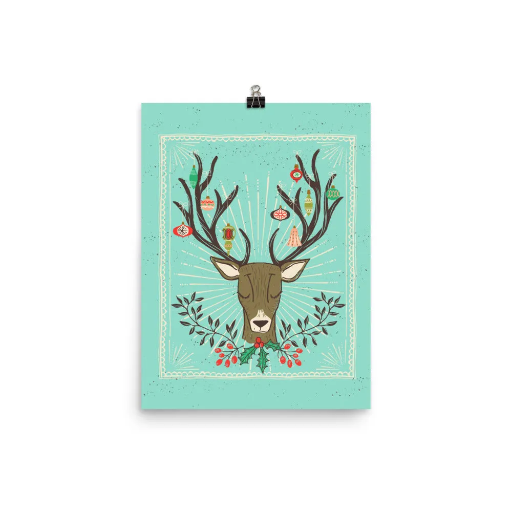 Christmas Deer Antlers and Ornaments Art Poster Print