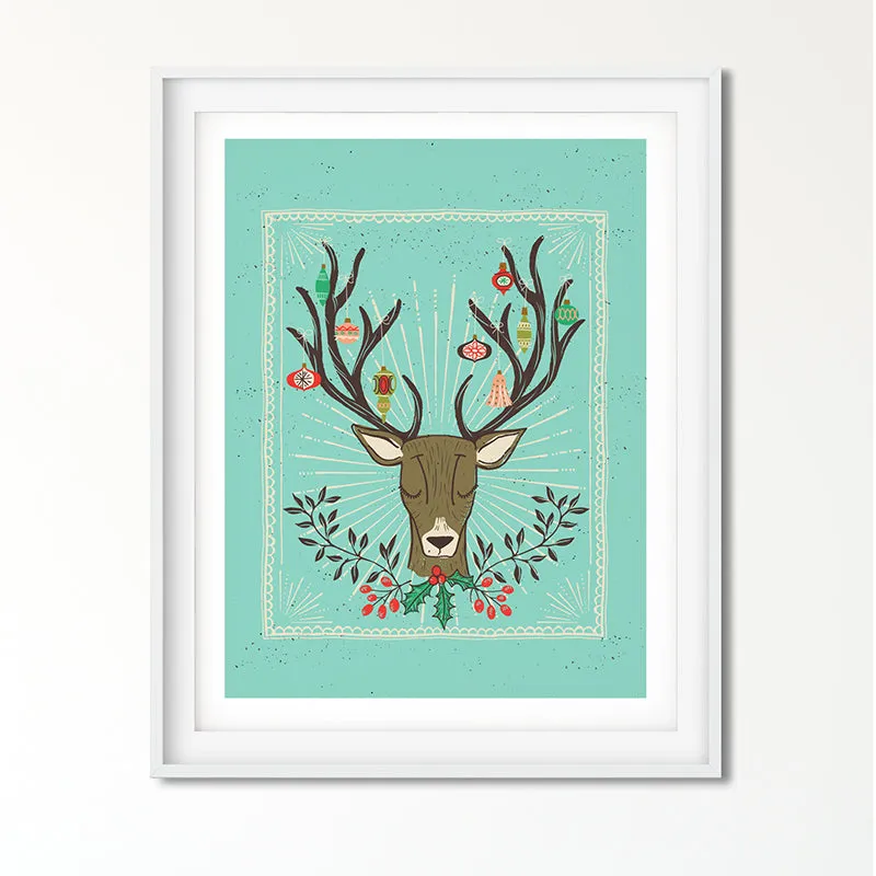 Christmas Deer Antlers and Ornaments Art Poster Print