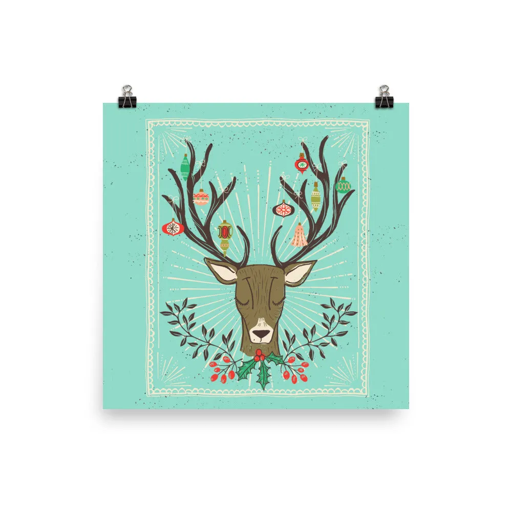 Christmas Deer Antlers and Ornaments Art Poster Print