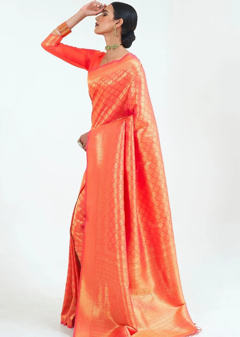 Coral Orange Woven Kanjivaram Silk Saree : Limited Edition