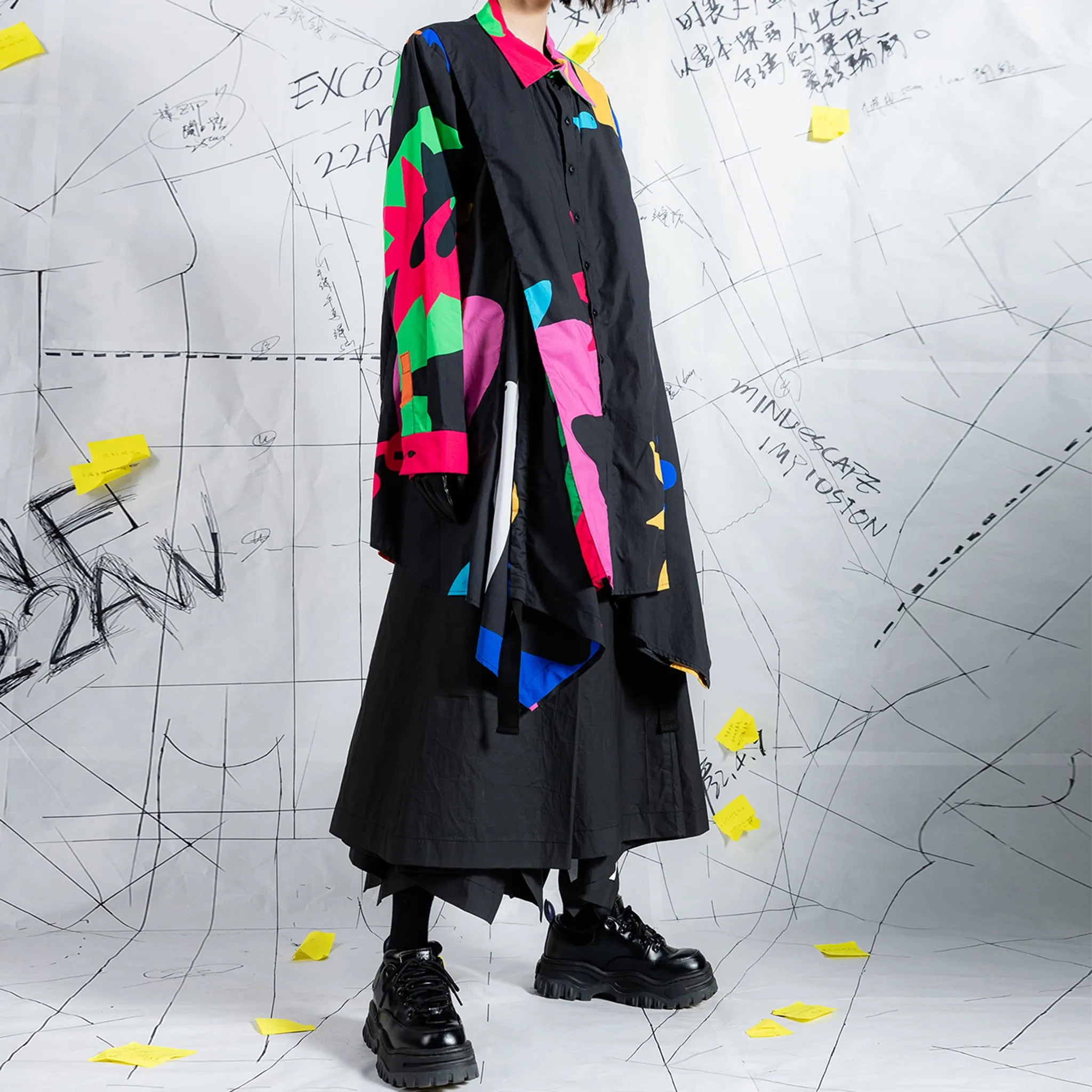 Crossover Black Printed Book Page Structure Long Shirt With Straps