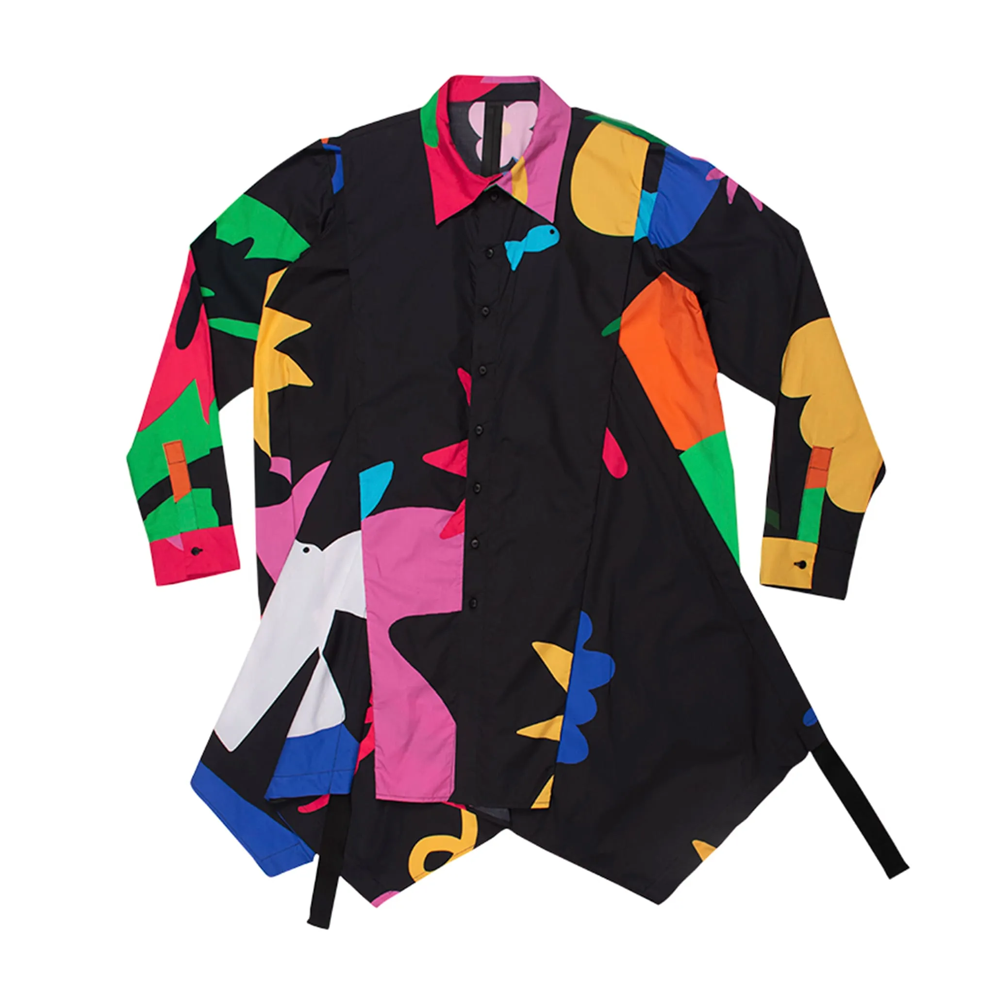 Crossover Black Printed Book Page Structure Long Shirt With Straps