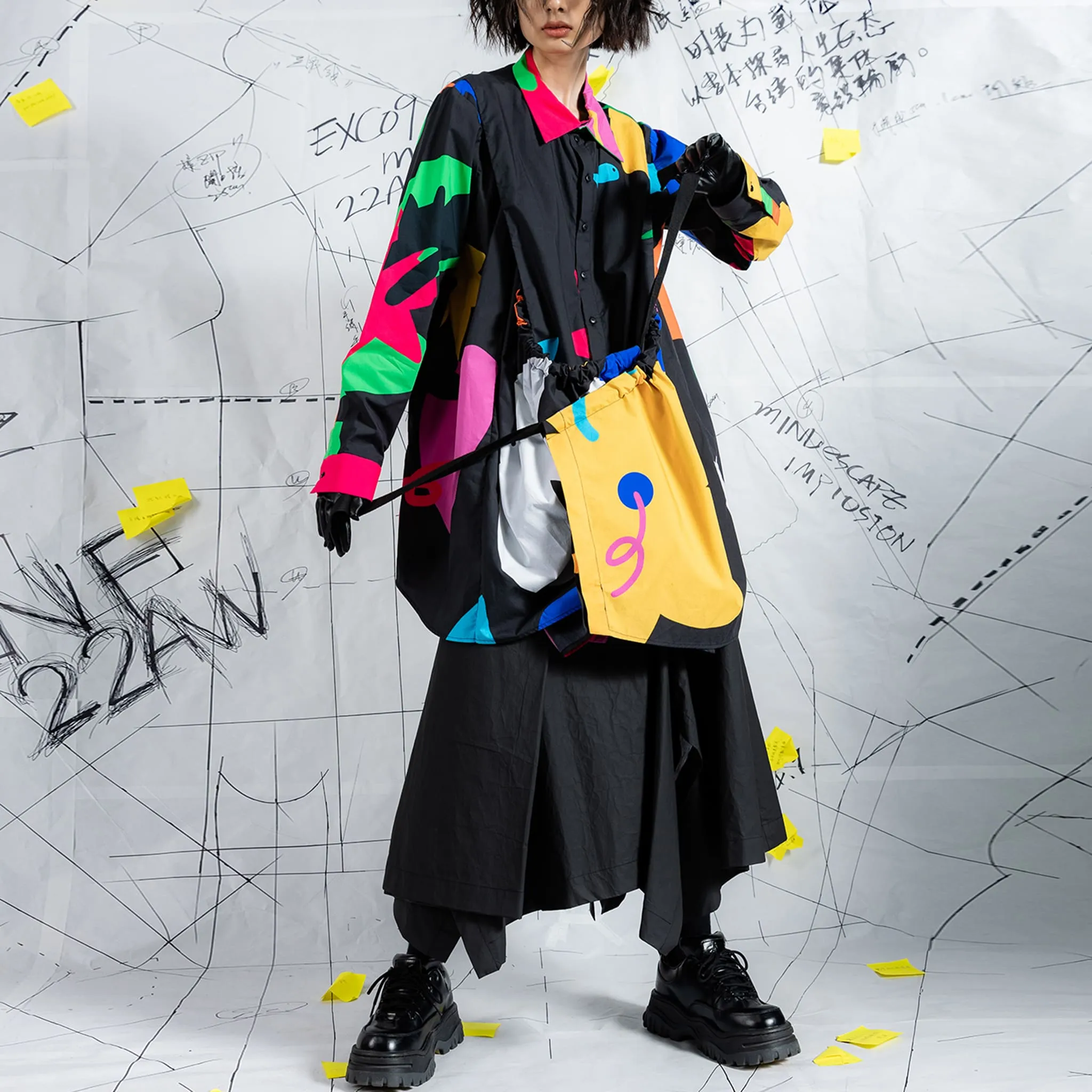 Crossover Black Printed Book Page Structure Long Shirt With Straps