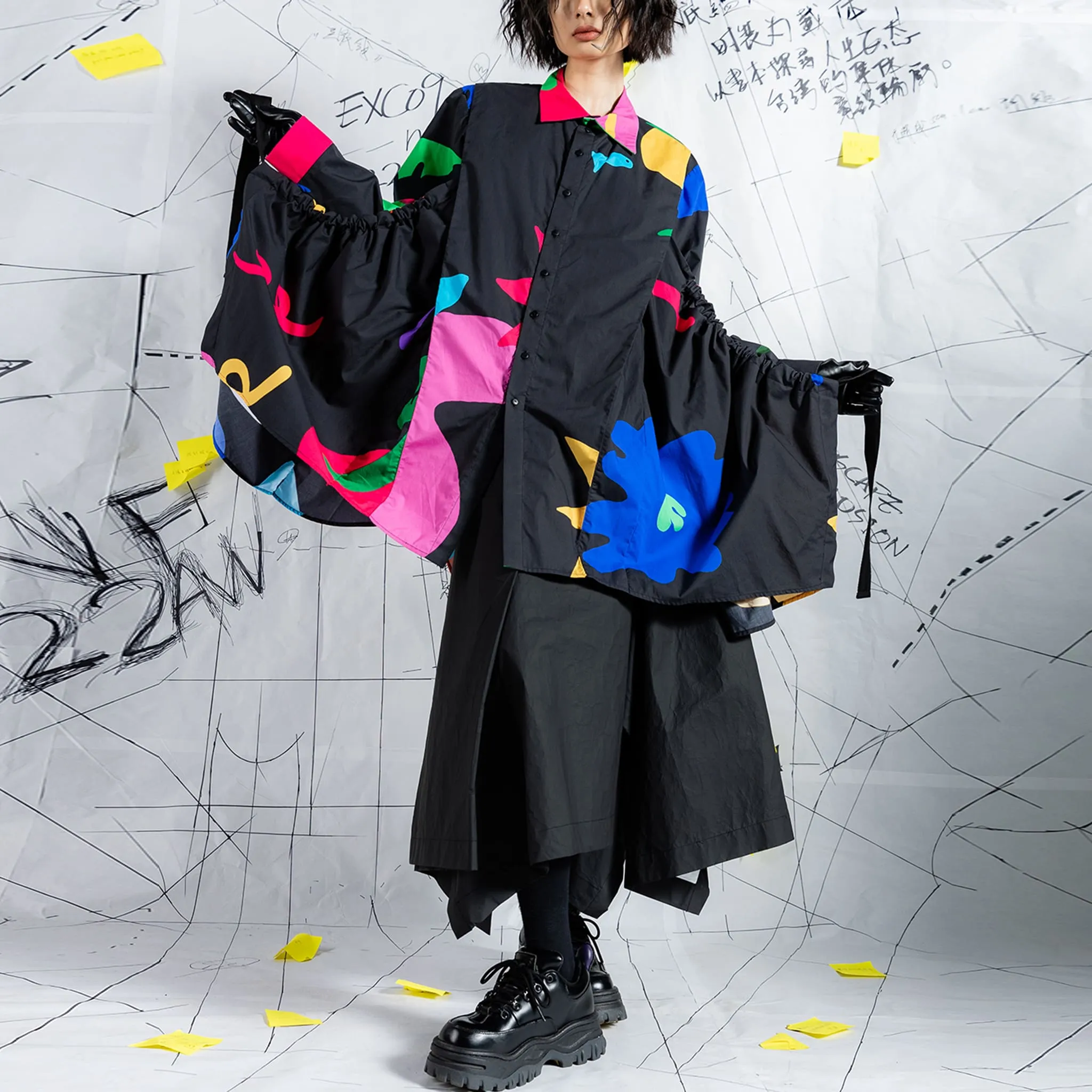Crossover Black Printed Book Page Structure Long Shirt With Straps
