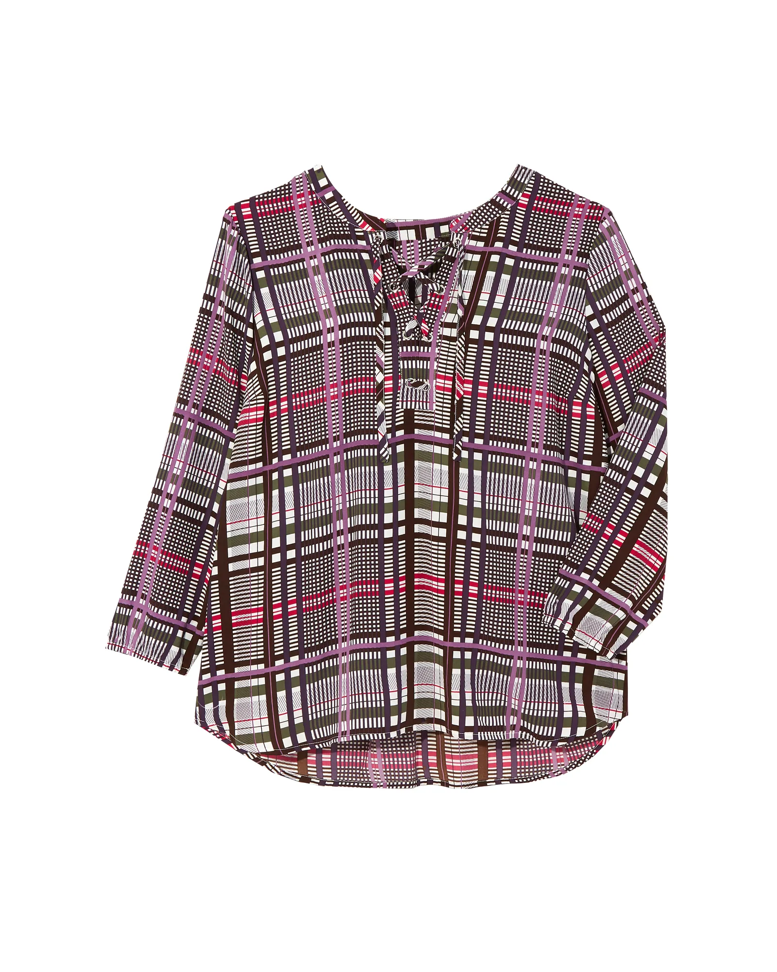 Damary Long Sleeve Lace Up Tunic Blouse with Side Slits | Purple / Brown