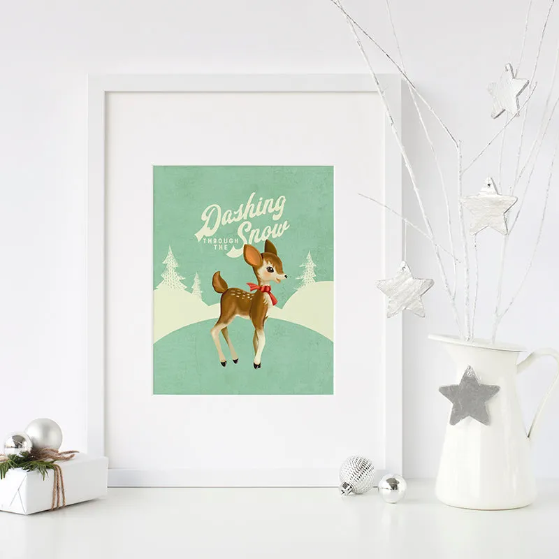 Dashing Through the Snow Vintage Reindeer Art Poster Print