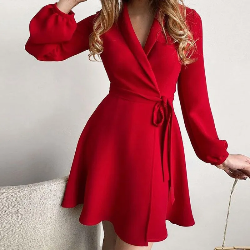 Elegant Women's Long Sleeve Belted Casual Floral Mini Dress