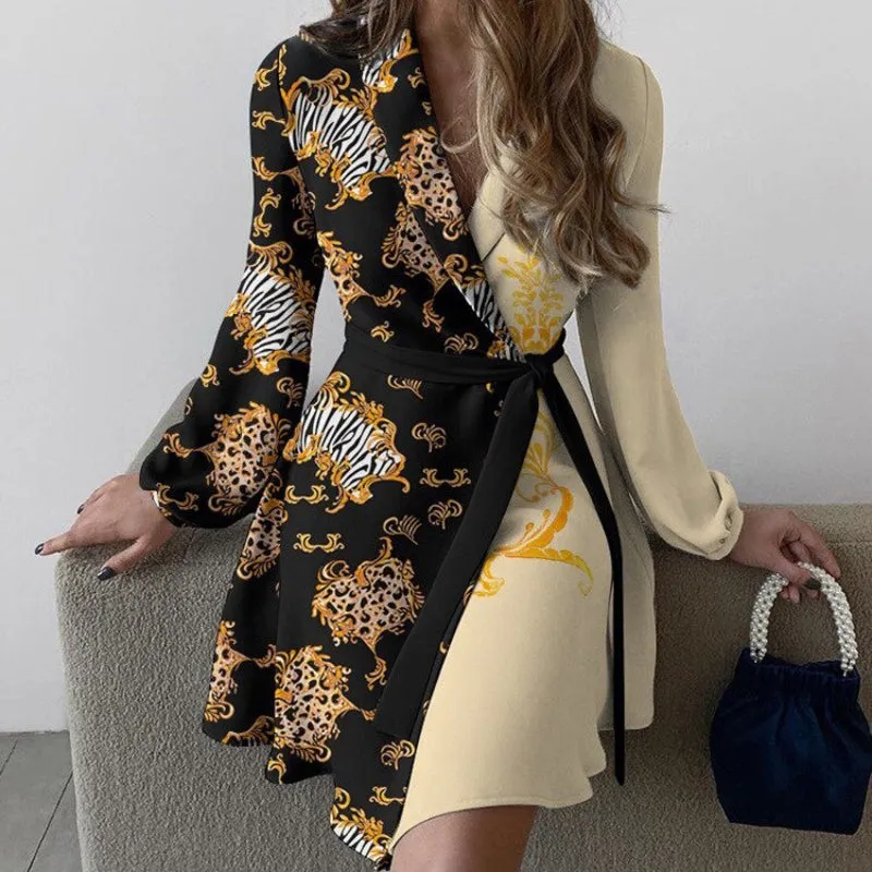 Elegant Women's Long Sleeve Belted Casual Floral Mini Dress