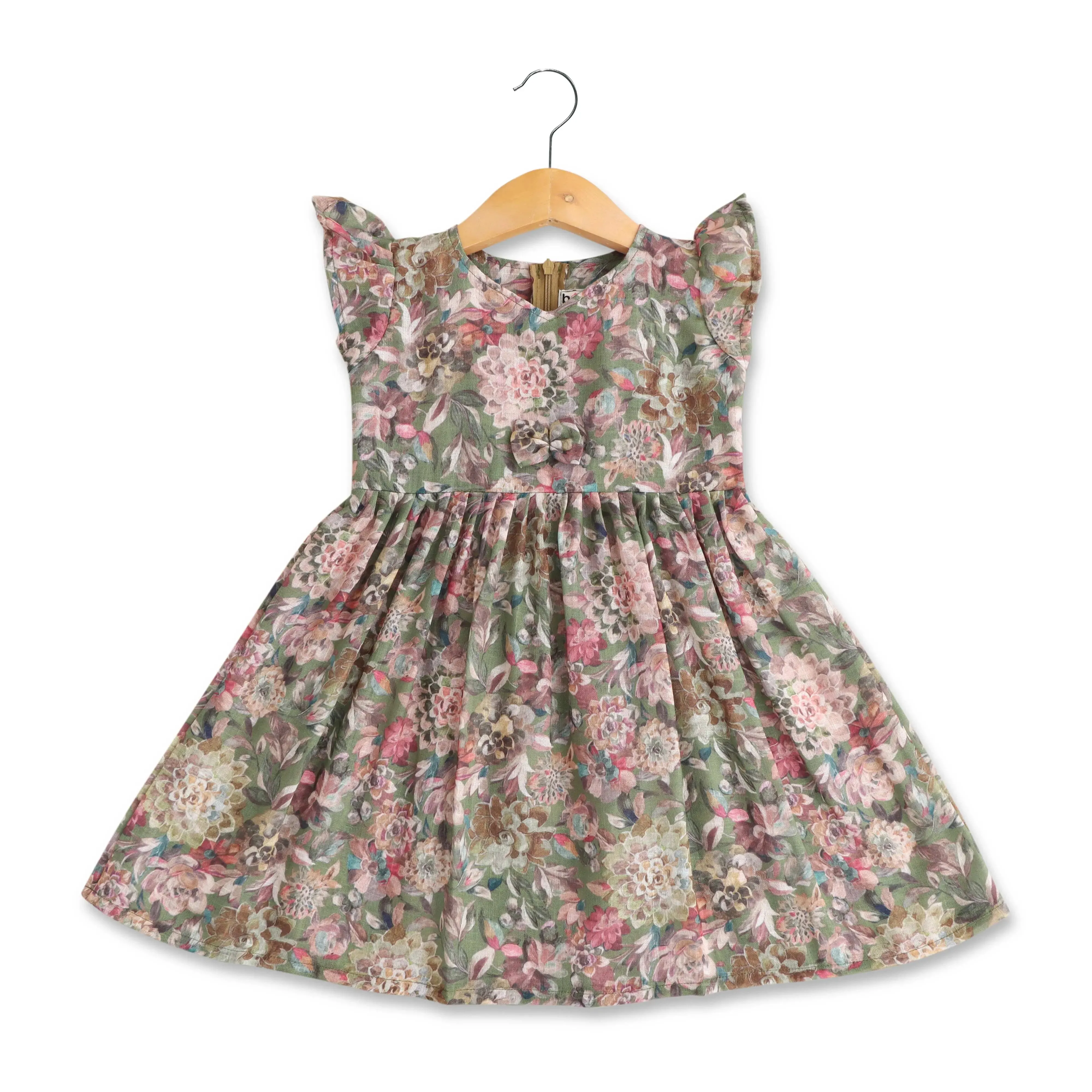 Emerald Blossoms: Floral Printed Green Cotton Frock for Baby Girls