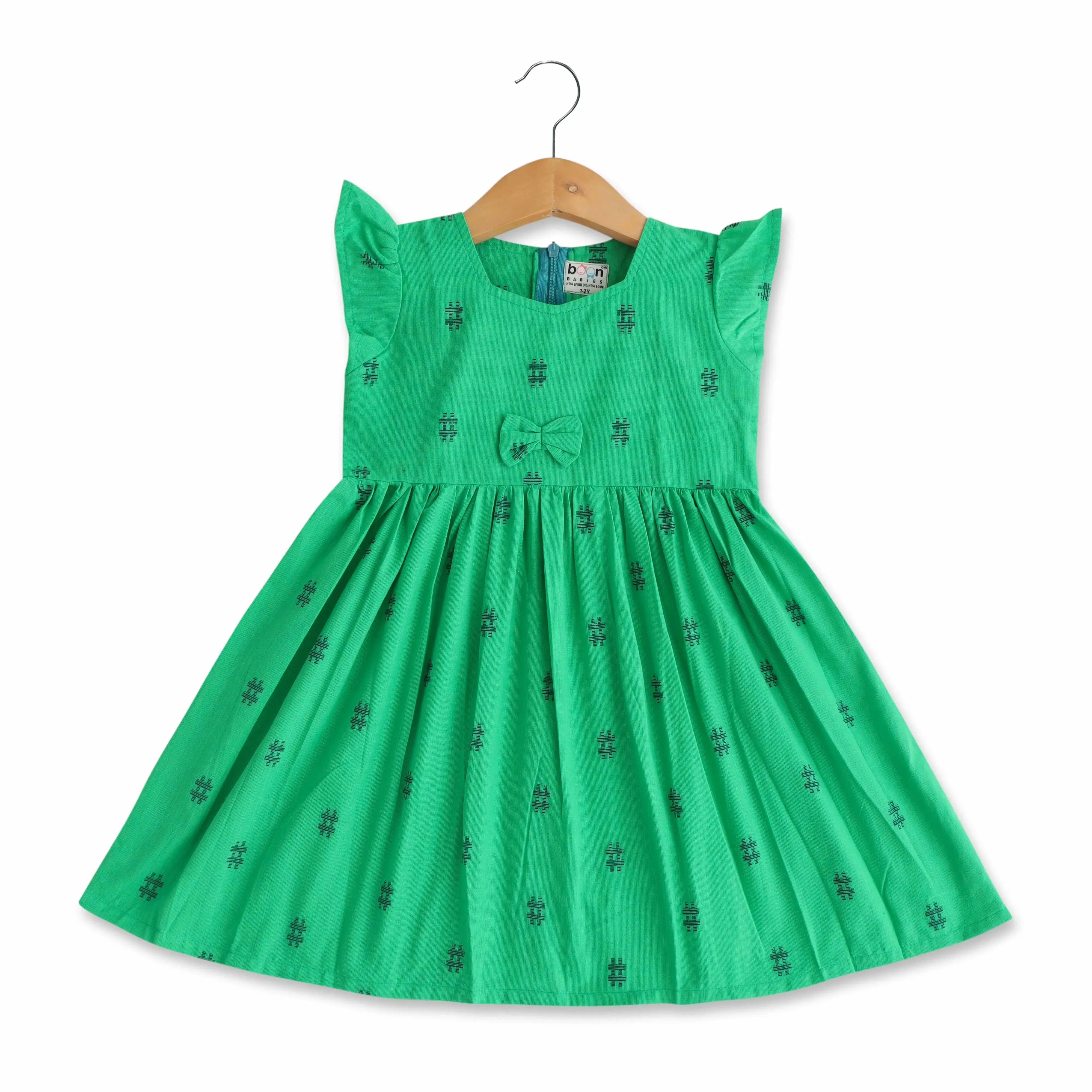 Emerald Elegance: Soft Cotton Pleated Frock for Baby Girls
