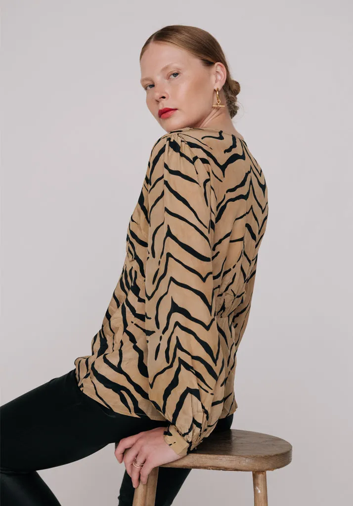 Emmy Deep V-Neck Tiger Print Blouse In Brown