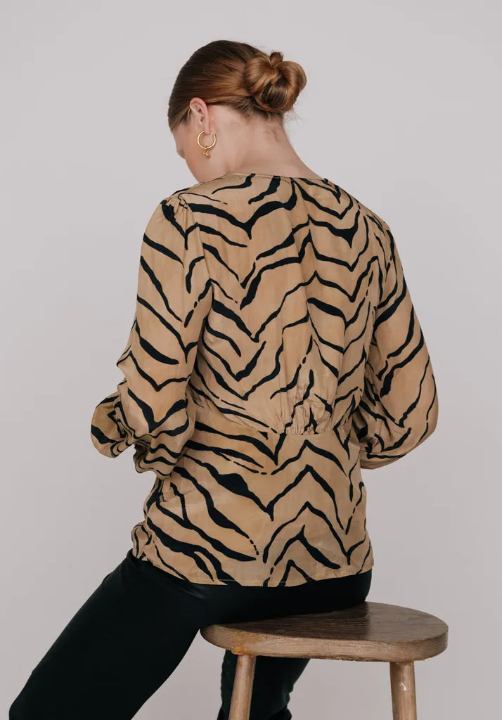 Emmy Deep V-Neck Tiger Print Blouse In Brown