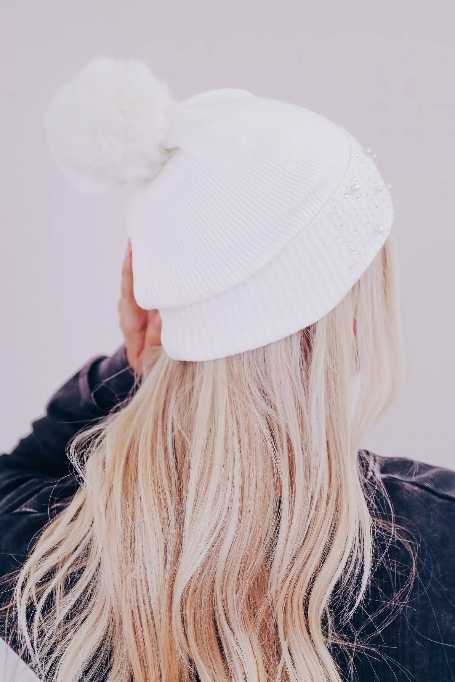 Eva Embellished Pom Beanie - Ivory