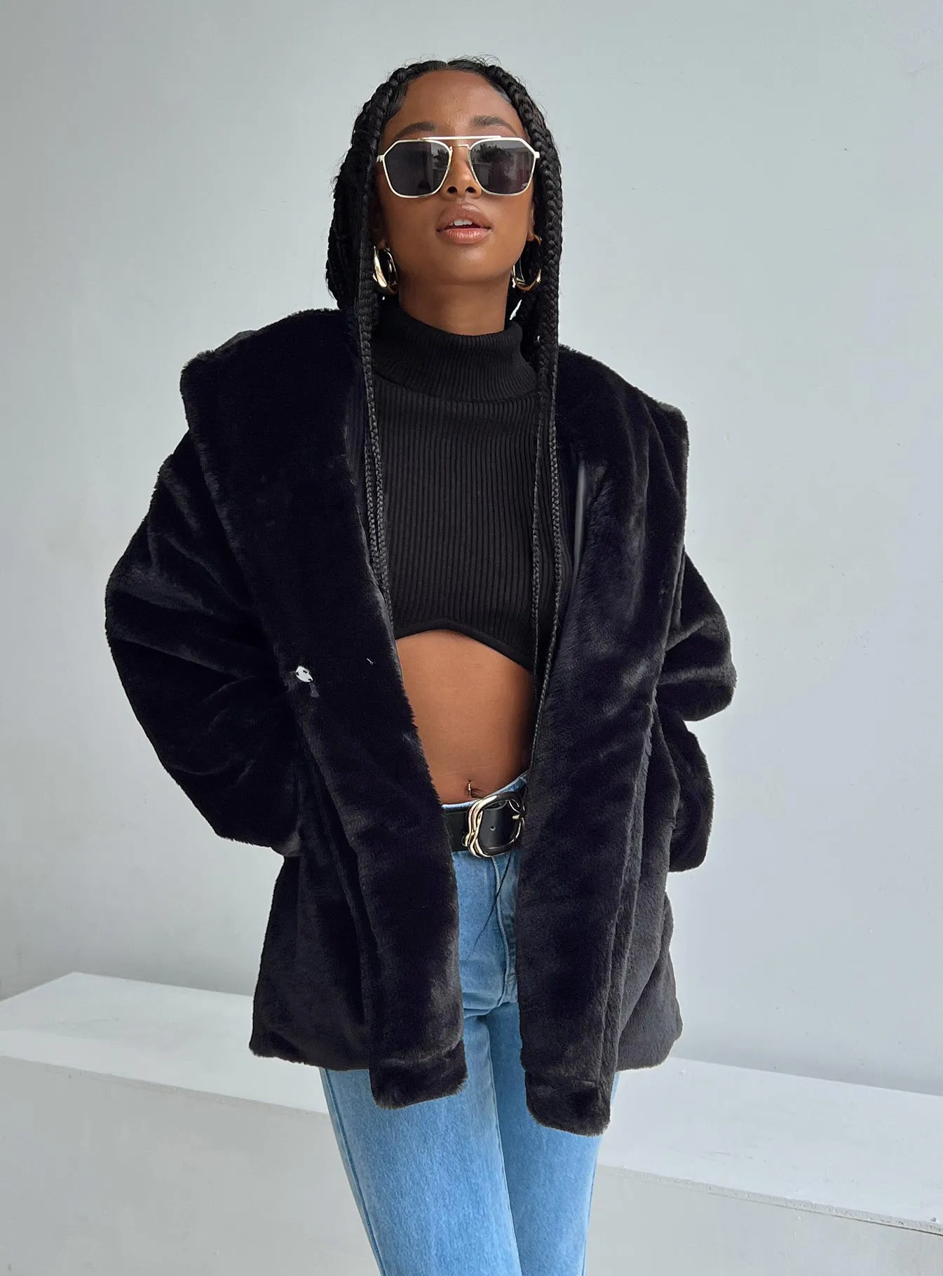 Fashionkova Dune Faux Fur Jacket Black